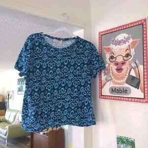 FRESH PRODUCE Top Womens XL Artsy Blue Boho Batik Print Short Sleeve T-shirt Top